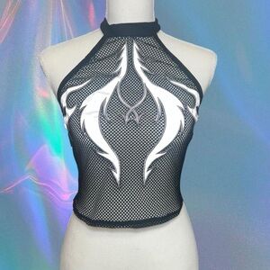 Black fishnet halter top with reflector flame design